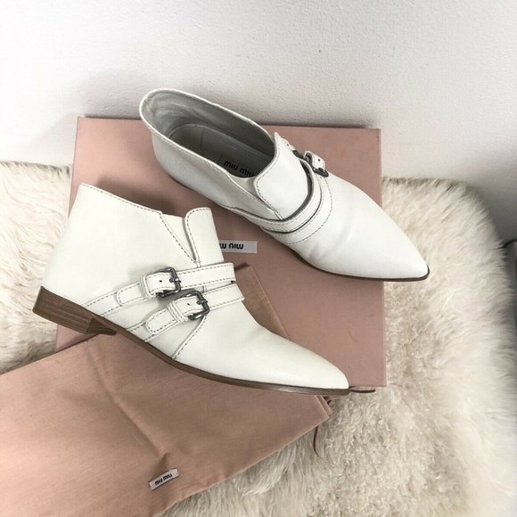 NIB Miu Miu Leather Strap Buckle Aviator Pointed Saint Laurent Ankle Boots 38.5 - Picture 3 of 8